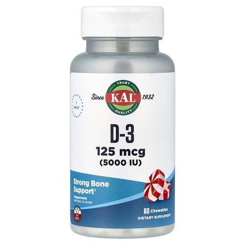 KAL, D-3, 페퍼민트, 125mcg(5,000IU), 츄어블 60정