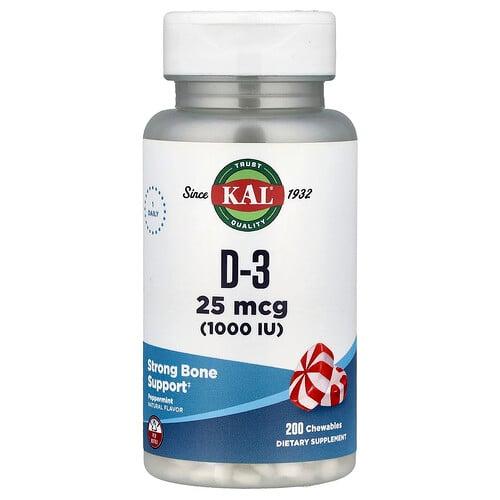 KAL, D-3, 페퍼민트, 25mcg(1,000IU), 츄어블 200정