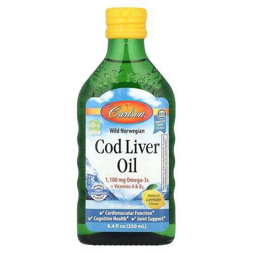 칼슨 Carlson, 노르웨이산 야생, 대구 간 오일, 천연 레몬 맛, 1,000mg, 250ml(8.4fl oz)
