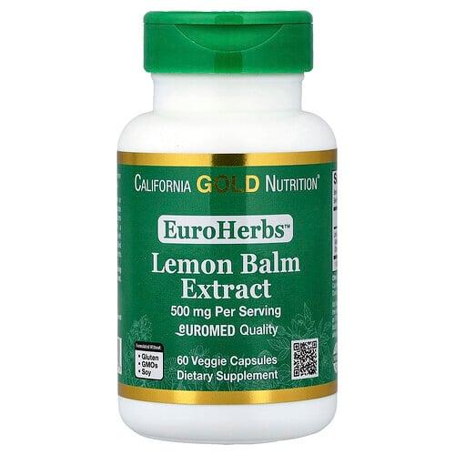 캘리포니아 골드 뉴트리션 California Gold Nutrition, EuroHerbs™, 레몬밤 추출물, EuroMed 품질, 500mg, 베지 캡슐 60정 상품 이미지