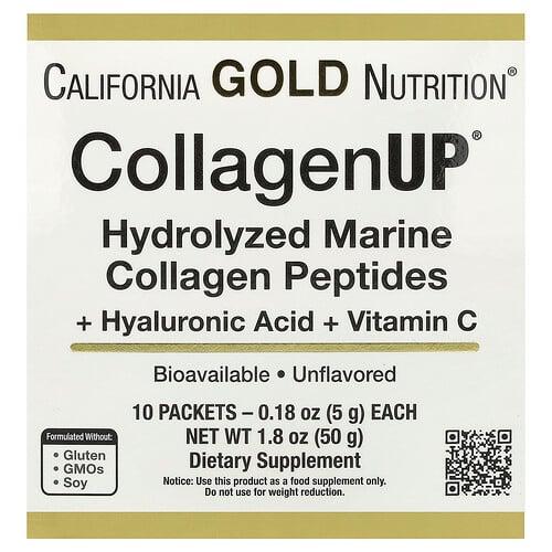 캘리포니아 골드 뉴트리션 California Gold Nutrition, CollagenUP®, 가수분해 해양 콜라겐 펩타이드, 히알루론산 및 비타민C 함유, 무맛, 10팩, 각 5g(0.18oz) 상품 이미지