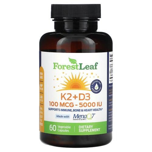 포레스트 리프 Forest Leaf, K2 + D3, 100mcg(5,000IU), 베지 캡슐 60정