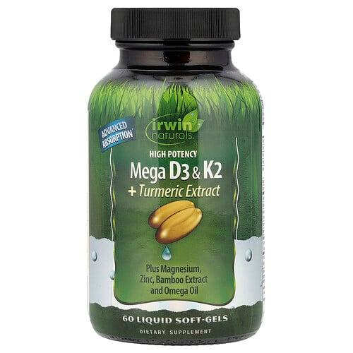 어윈 네츄럴 Irwin Naturals, 고효능 메가 D3 & K2 + 강황 추출물, 액상 소프트젤 60정 상품 이미지