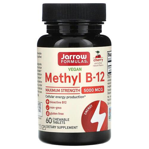자로우 포뮬라 Jarrow Formulas, 비건 메틸 B-12, 최대 강도, 체리, 5,000mcg, 츄어블 60정