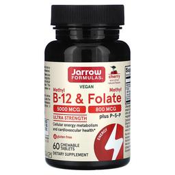 자로우 포뮬라 Jarrow Formulas, 비건 메틸B-12 & 메틸엽산, 울트라 스트렝스, 체리 맛, 츄어블 정 60정