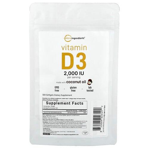 마이크로 인그리디언츠 Micro Ingredients, 비타민D3, 2,000IU, 소프트젤 500정