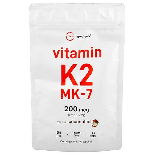 마이크로 인그리디언츠 Micro Ingredients, 비타민K2, MK-7, 200mcg, 소프트젤 300정