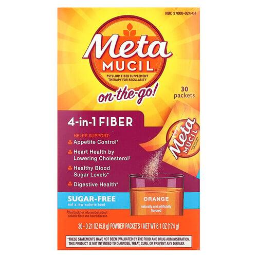 메타무실 Metamucil, 휴대용, 4-in-1 식이섬유, 오렌지, 무설탕, 분말 팩 30개, 각 5.8g(0.21oz)