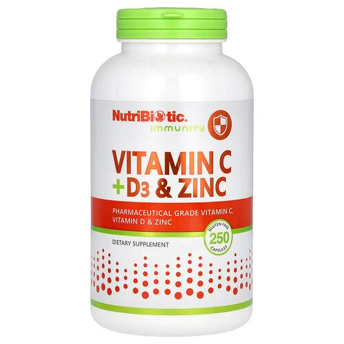 뉴트리바이오틱 NutriBiotic, 면역력, 비타민C + D3 및 아연, 캡슐 250정