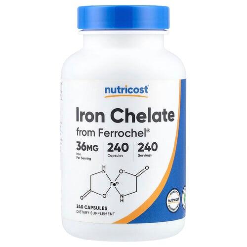 뉴트리코스트 Nutricost, Ferrochel®에서 추출한 철분 킬레이트, 36mg, 캡슐 240정