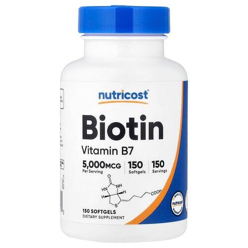 뉴트리코스트 Nutricost, 비오틴, 5,000mcg, 소프트젤 150정