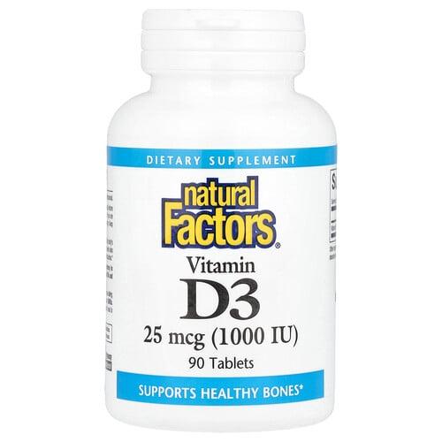 네츄럴 펙터스 Natural Factors, 비타민D3, 25mcg(1,000IU), 90정