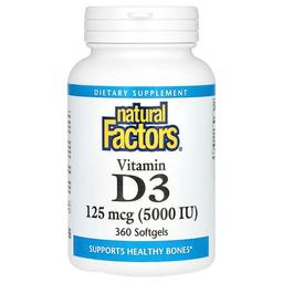네츄럴 펙터스 Natural Factors, 비타민D3, 125mcg(5,000IU), 소프트젤 360정