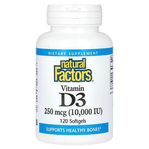 네츄럴 펙터스 Natural Factors, 비타민D3, 250 mcg (10,000 IU), 소프트젤 120정