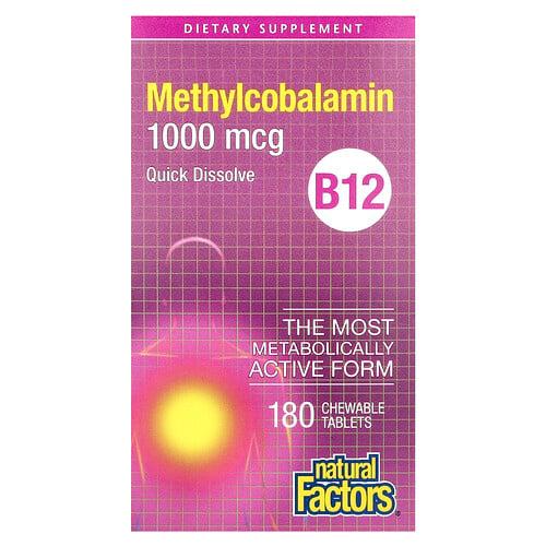 네츄럴 펙터스 Natural Factors, B12, 메틸코발라민, 1,000mcg, 츄어블 180정
