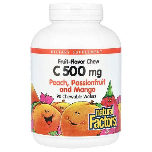 네츄럴 펙터스 Natural Factors, 과일맛 츄 비타민C, 복숭아, 패션프루트 및 망고, 500mg, 츄어블 웨이퍼 90개