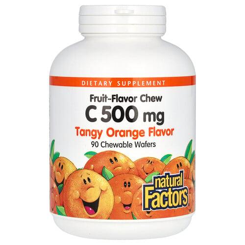 네츄럴 펙터스 Natural Factors, 비타민C, 과일맛 츄, 탱기 오렌지, 500mg, 츄어블 웨이퍼 90개