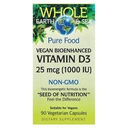 네츄럴 펙터스 Natural Factors, Whole Earth & Sea, 식물성 생체 활성 강화 비타민D3, 25mcg(1,000IU), 베지 캡슐 90정