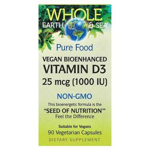네츄럴 펙터스 Natural Factors, Whole Earth & Sea, 식물성 생체 활성 강화 비타민D3, 25mcg(1,000IU), 베지 캡슐 90정