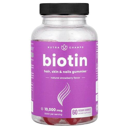 뉴트라챔스 NutraChamps, 비오틴 구미젤리, 천연 딸기 맛, 10,000mcg, 비건 구미젤리 60개(구미젤리 1개당 5,000mcg) 상품 이미지