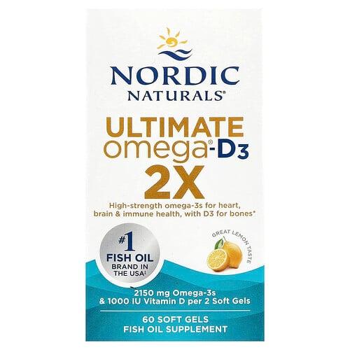 노르딕 네츄럴 프로페셔날 Nordic Naturals, Ultimate Omega®-D3 2X, 그레이트 레몬 맛, 소프트젤 60정