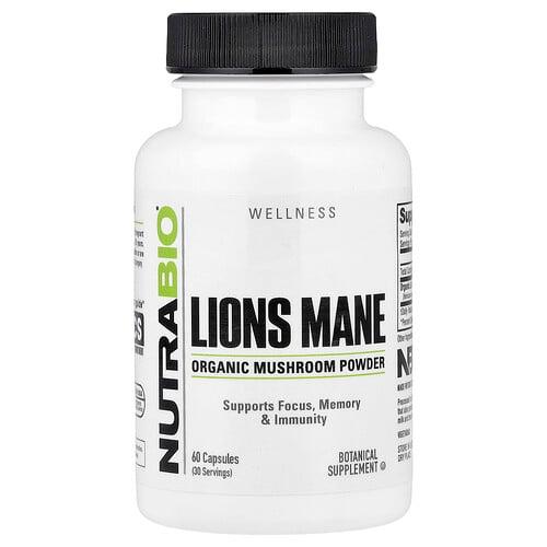 NutraBio, Wellness, 유기농 노루궁뎅이버섯, 캡슐 60정(캡슐 1정당 0.5g)