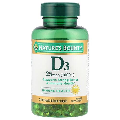 네이쳐스 바우티 Nature's Bounty, 비타민D3, 25mcg(1,000IU), 속방형 소프트젤 250정