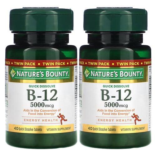 네이쳐스 바우티 Nature's Bounty, B-12, 내추럴 체리 맛, 5,000mcg, 트윈 팩, 빠르게 용해되는 정제 각 40정