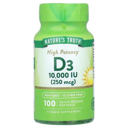 네이쳐스 트루 Nature's Truth, 비타민D3, 고효능, 250mcg(10,000IU), 빠른 방출 소프트젤 100정