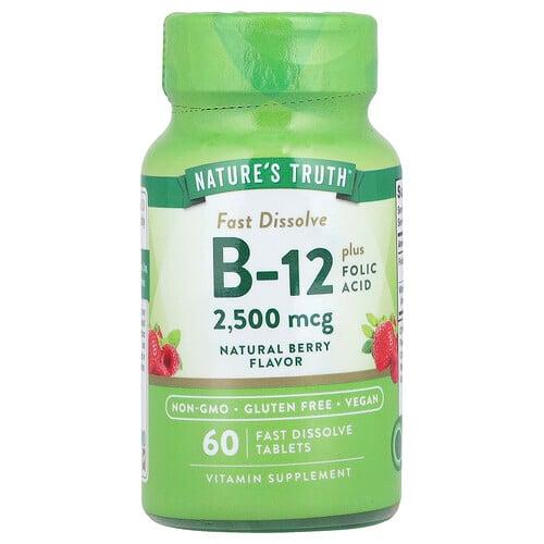 네이쳐스 트루 Nature's Truth, 비타민B-12, 엽산 함유, 천연 베리 맛, 2,500mcg, 빠르게 용해되는 정제 60정