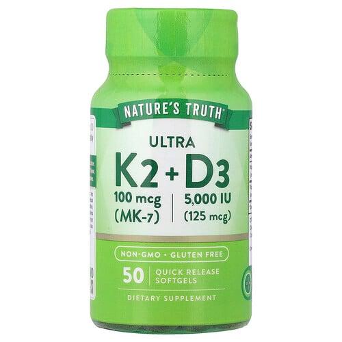 네이쳐스 트루 Nature's Truth, 울트라 D3 + K2, 빠른 방출 소프트젤 50정