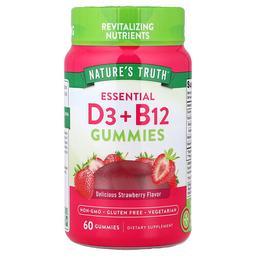 네이쳐스 트루 Nature's Truth, 에센셜 D3 + B12 구미젤리, 딸기 맛, 구미젤리 60개