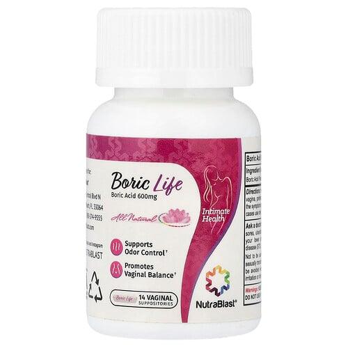 NutraBlast, Boric Life, 붕산, 600mg, 질 좌약 14개