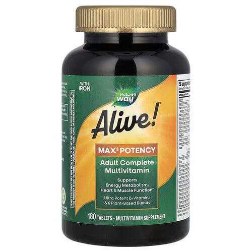 네이쳐스 웨이 Nature's Way, Alive! 맥스3 포텐시, 성인용 컴플리트 종합비타민, 철분 함유, 180정
