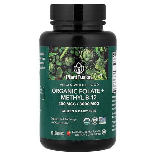 플랜드퓨전 PlantFusion, 비건 천연 식품, 유기농 엽산 + 메틸 B12, 천연 베리 맛, 사탕 정제 60정