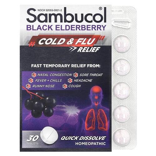 삼부콜 Sambucol, 블랙 엘더베리, 감기 및 독감 완화, 빨리 녹는 정제 30정