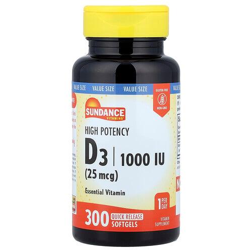 선댄스 비타민 Sundance Vitamins, 고효능 D3, 25mcg(1,000IU), 빠른 방출 소프트젤 300정