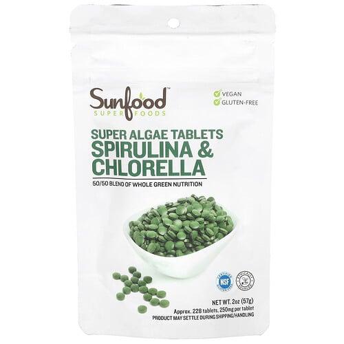 선푸드 Sunfood, 슈퍼 해조류 정제, 스피룰리나 및 클로렐라, 250mg 228정, 57g(2oz)
