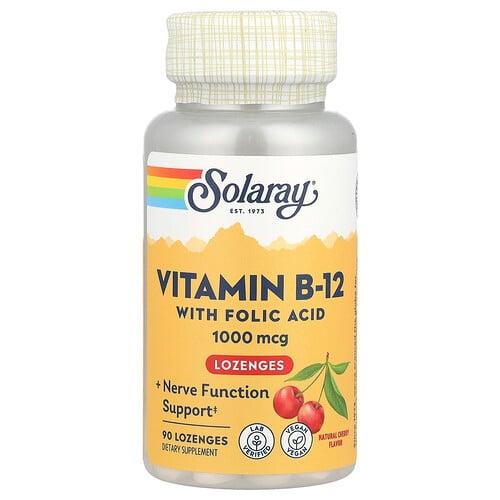 소라레이 Solaray, 비타민B-12, 엽산 함유 사탕 정제, 천연 체리 맛, 1,000mg, 사탕 정제 90정