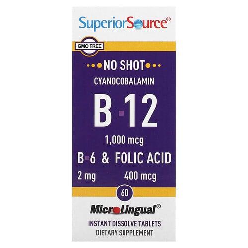 슈프리어 소스 Superior Source, 시아노코발라민 & B-12 & B-6 및 엽산, 1,000mcg & 2mg & 400mcg, 즉시 용해되는 MicroLingual 60정