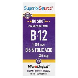 슈프리어 소스 Superior Source, 시아노코발라민 B12, B6 및 엽산, MicroLingual® 즉시 용해되는 정제 100정