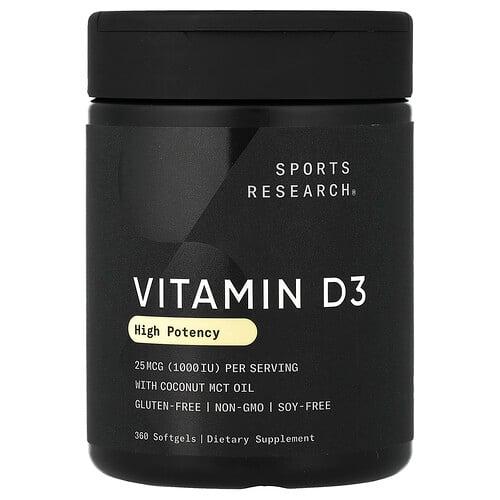 스포츠 리서치 Sports Research, 비타민D3, 고효능, 25mcg(1,000IU), 소프트젤 360정