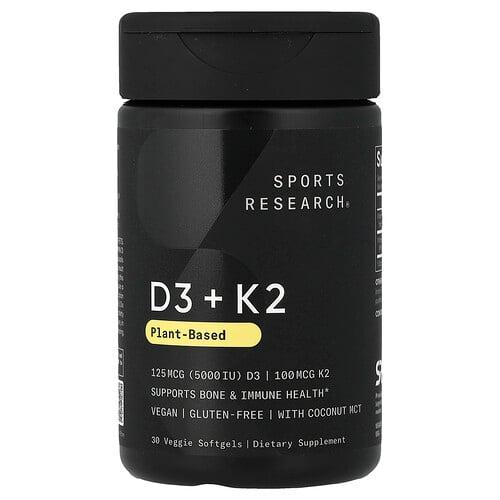 스포츠 리서치 Sports Research, D3 + K2, 식물성 성분, 베지 소프트젤 30정
