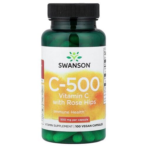 스완슨 비타민 Swanson Vitamins, C-500, 로즈힙 함유 비타민C, 베지 캡슐 100정 상품 이미지