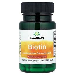 스완슨 비타민 Swanson Vitamins, 비오틴, 5,000mcg, 비건 캡슐 30정