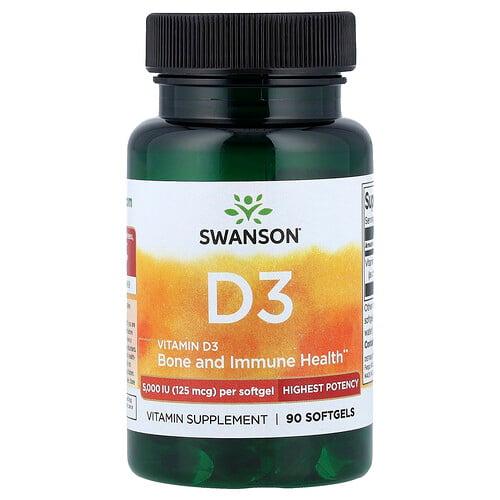 스완슨 비타민 Swanson Vitamins, 비타민D3, 최고 효능, 125mcg(5,000IU), 소프트젤 90정