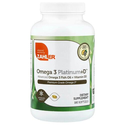 자일러 Zahler, Omega 3 Platinum+D™, 어드밴스드 오메가3 피쉬 오일 + 비타민D3, 소프트젤 180정