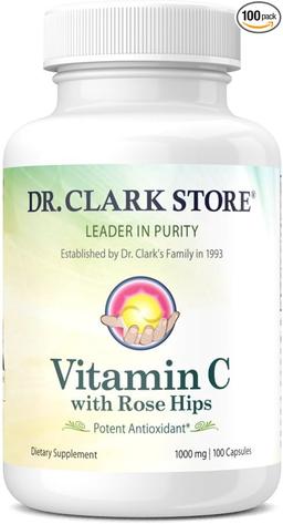 Dr. Clark, 로즈 HIPS 보충제가 함유된 비타민C – 1000mg, 젤라틴 캡슐 100정, 면역 지원 및 항산화 보호 이미지