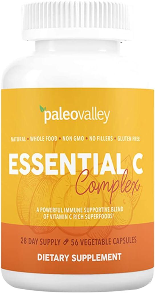 Paleovalley 에센셜 C 콤플렉스 - 면역 지원을 위한 비타민 C 보충제 - 1팩, 450mg - 유기농 슈퍼푸드 설익은 아세로라 체리, 카무카무, 암라 베리 - 합성 아스코르브산 무함유 - 미국산 상품 이미지