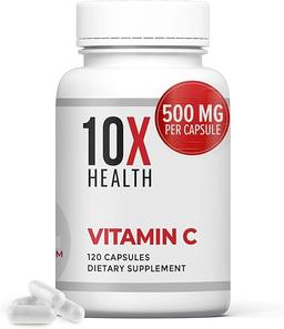 10X Health, 비타민C 1000mg - 120캡슐, 성인용 면역, 항산화 보호, 콜라겐 및 조직 지원을 위한 고용량 아스코르브산-비타민C - 비타민C 1000mg - 유전자 변형 성분 무함유, 글루텐 프리 이미지